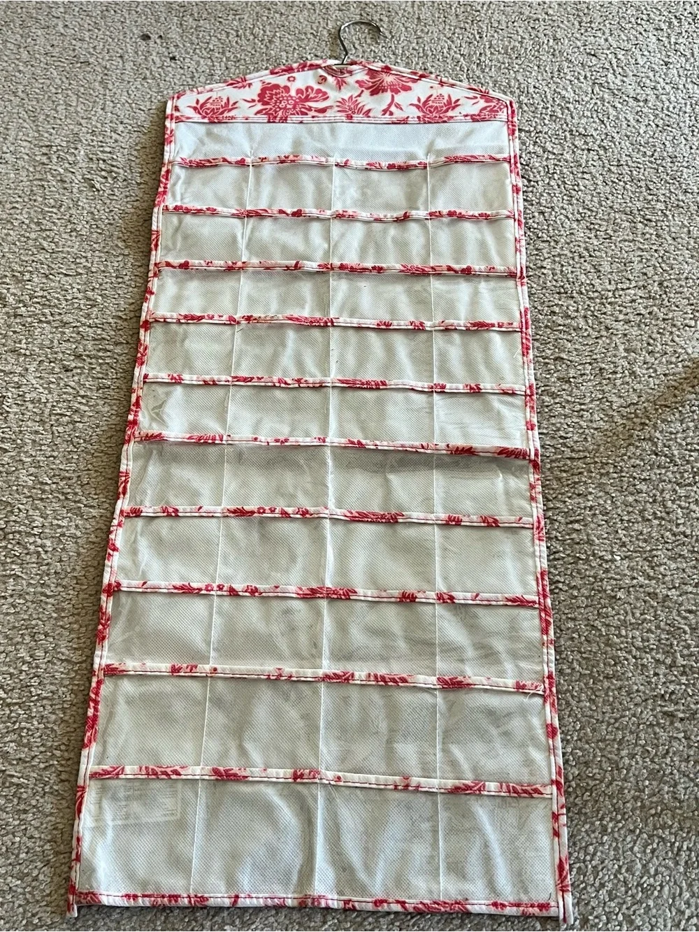 Hanging Pink Floral Trim Jewelry Organizer with Clear Pockets